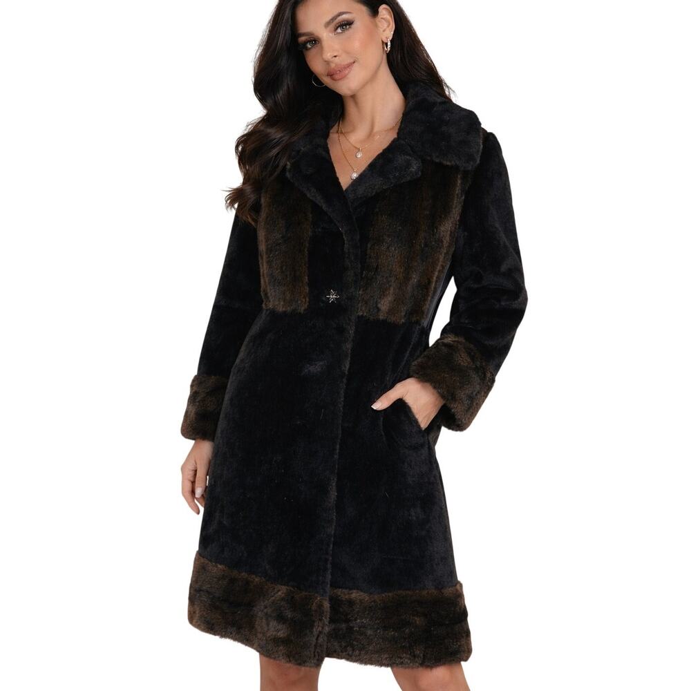 Vintage Borgana Russel Taylor Faux Plush Coat Womens Small Med Black Dark Brown